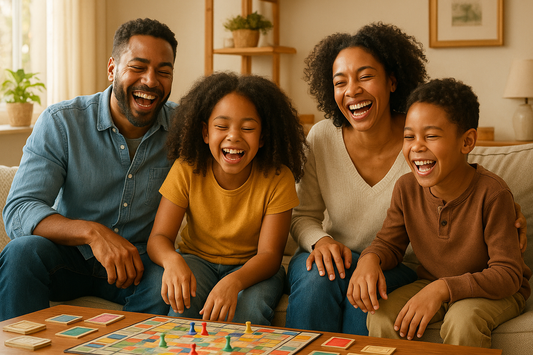 Familie verbringt spielend und kreativ gemeinsame Zeit im Wohnzimmer