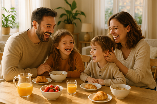 Familie mit zwei Kindern beim gemeinsamen Frühstück als Beispiel für kleine Familienrituale im Alltag