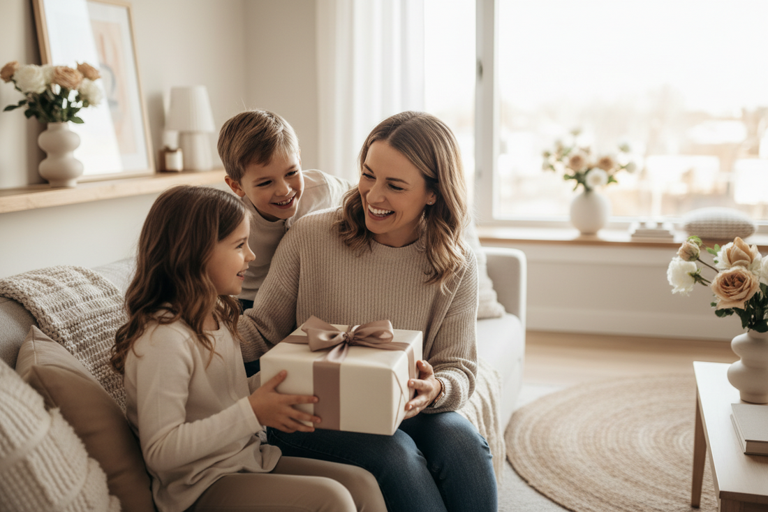 Mama erhält ein liebevoll verpacktes Geschenk von ihren Kindern