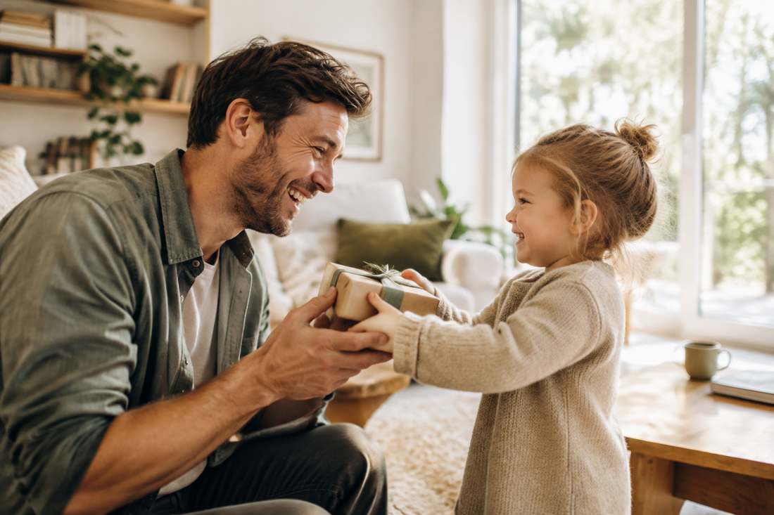 Vater verbringt einen liebevollen Moment mit seinen Kind in natürlicher, warmer Umgebung