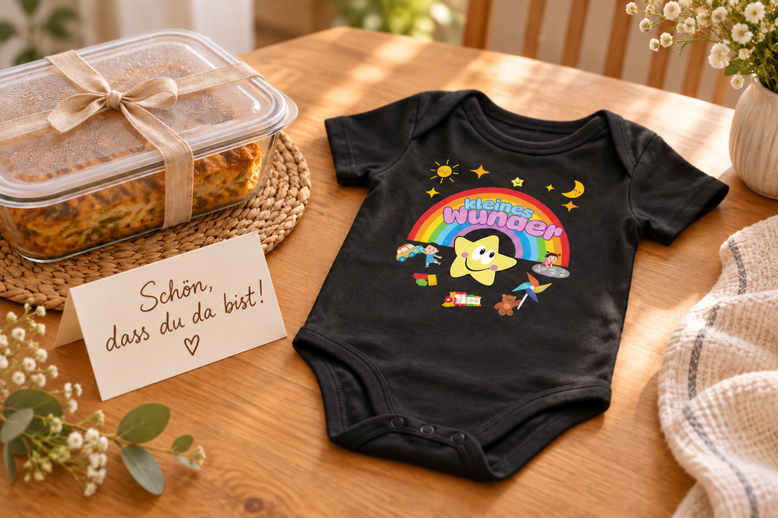 Quinni-Babybody „Kleines Wunder“ neben mitgebrachtem Essen und einer Karte mit der Botschaft „Schön, dass du da bist!“.
