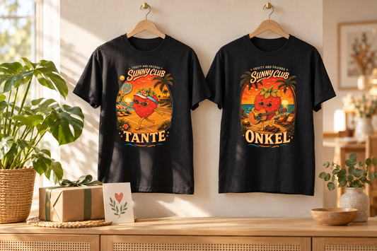 Schwarze Quinni-T-Shirts mit den Sunny-Club-Motiven Tante und Onkel neben einem Geschenk und einer Grußkarte