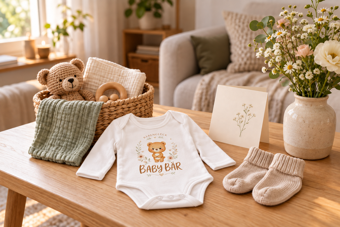 Babyparty-Geschenke mit Babybody, Musselintuch, Söckchen und Grußkarte auf einem Holztisch