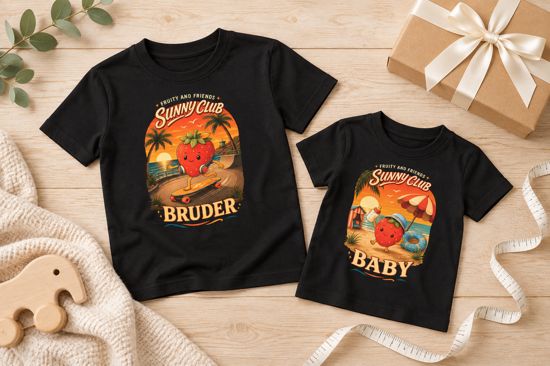 Sunny-Club-Shirts von Quinni für Baby und Kind mit Erdbeermotiven neben Geschenk und Maßband.