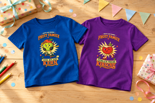 Zwei Quinni-FruitFamily-Kinder-Shirts mit Skateboard-Apfel und Rollschuh-Kirsche liegen mit Geburtstagsgeschenken auf einem Holztisch.