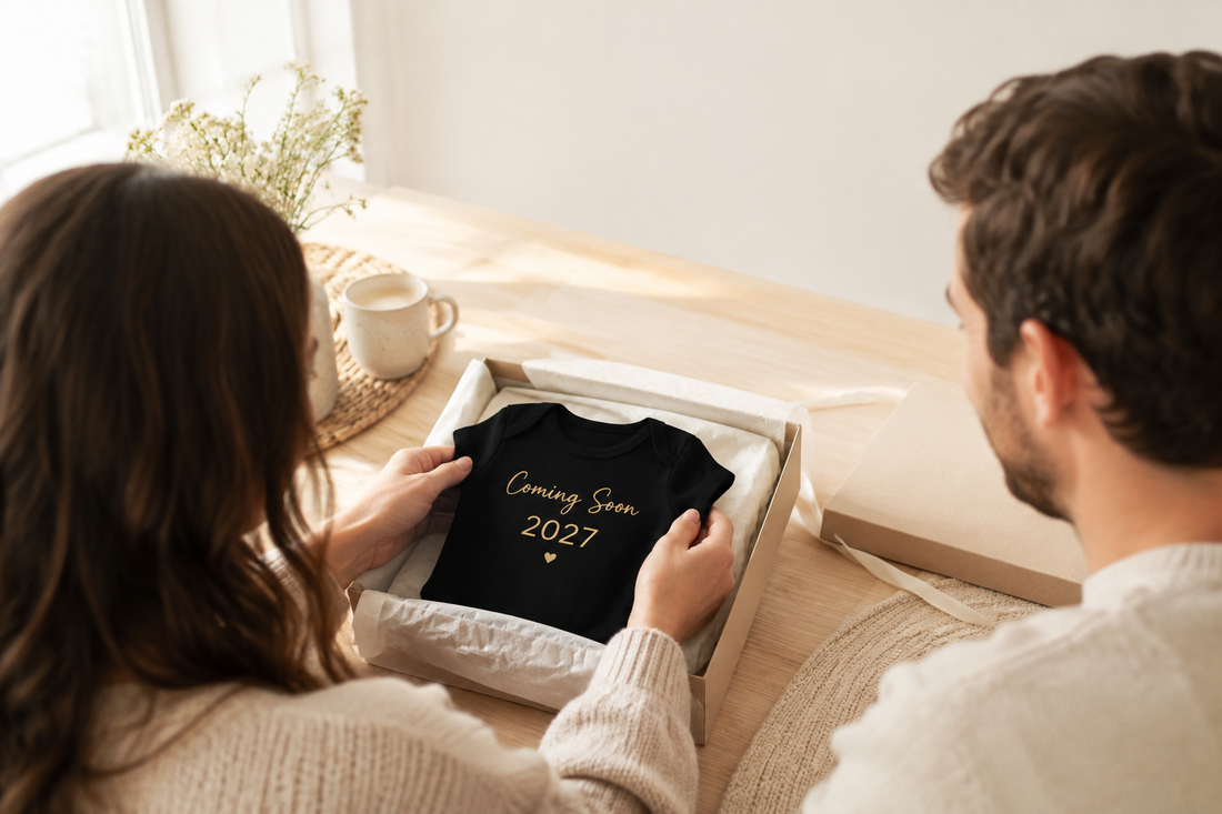 Babybody mit Aufdruck ‚Coming Soon 2027‘ in einer Geschenkbox zur Schwangerschaftsverkündung